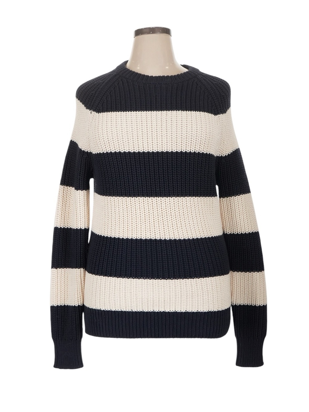 J. Crew Ribbed Cotton Sweater in Stripe Size Medium Navy Cream Nautical Coastal